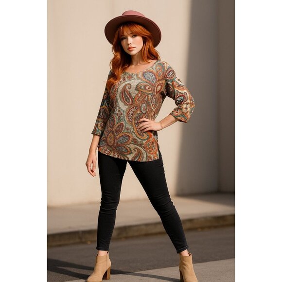 Chicos Size 2 Large Multicolor Tunic Paisley Knit Tunic Boho City Resort Style - Picture 1 of 13